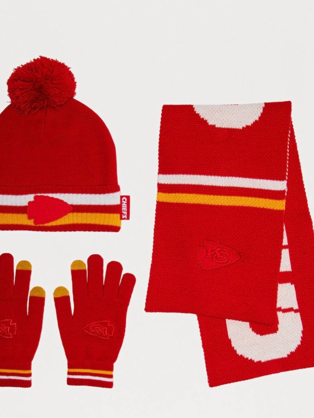 Kansas City Chiefs Red Pom Beanie, Scarf & Gloves Set